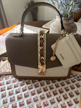 Aldo Two-Tone Taupe and Cream Chain Accent Crossbody Bag